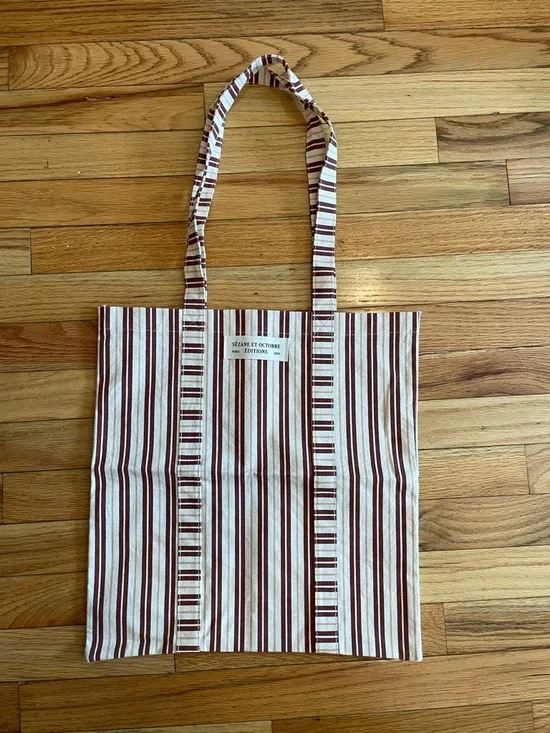 NWT Sezane Striped Canvas Tote Bag in Burgundy and Cream - Picture 1 of 3